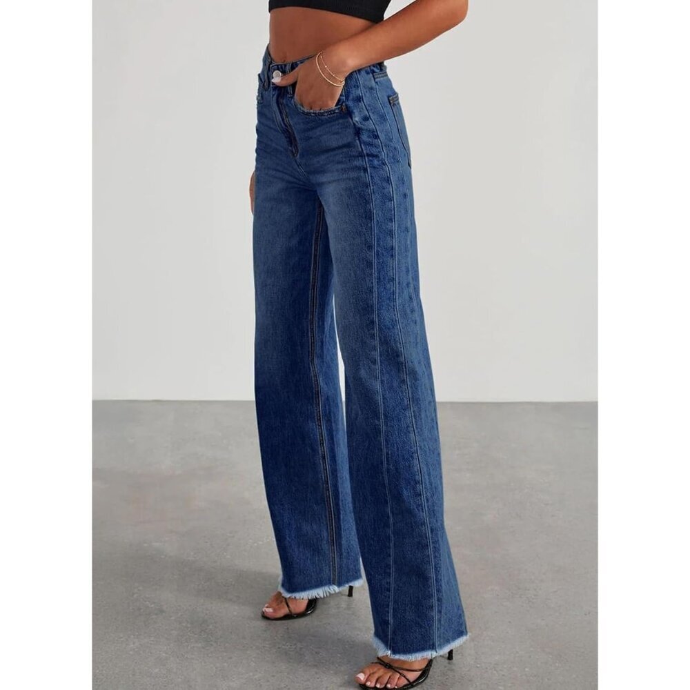 Women's Bluing Wide Leg High Waisted Stretchy Raw Hem Imported Denim Jeans - Picture 3 of 6